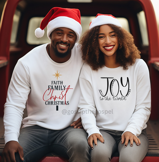 Faith Family Christmas + Joy To The World White Crew Neck Sweater